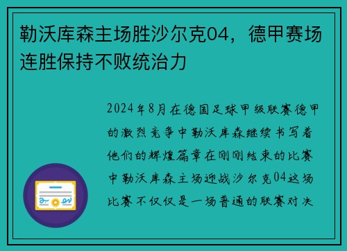 勒沃库森主场胜沙尔克04，德甲赛场连胜保持不败统治力