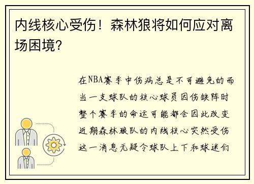 内线核心受伤！森林狼将如何应对离场困境？