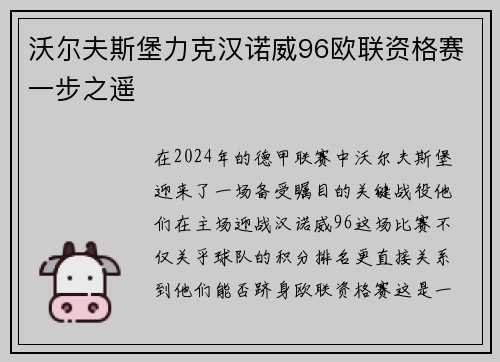 沃尔夫斯堡力克汉诺威96欧联资格赛一步之遥