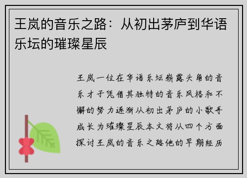 王岚的音乐之路：从初出茅庐到华语乐坛的璀璨星辰