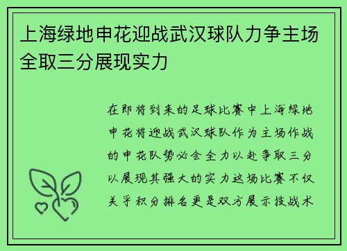 上海绿地申花迎战武汉球队力争主场全取三分展现实力
