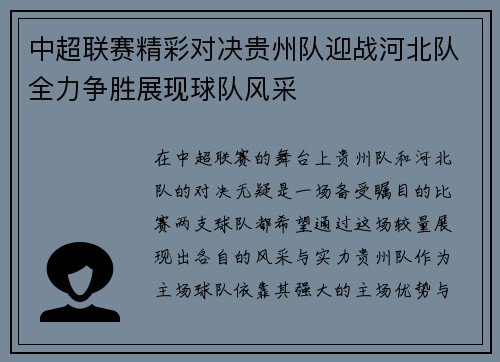 中超联赛精彩对决贵州队迎战河北队全力争胜展现球队风采