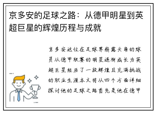 京多安的足球之路：从德甲明星到英超巨星的辉煌历程与成就