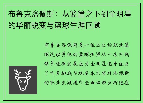 布鲁克洛佩斯：从篮筐之下到全明星的华丽蜕变与篮球生涯回顾