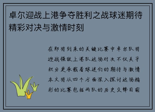卓尔迎战上港争夺胜利之战球迷期待精彩对决与激情时刻