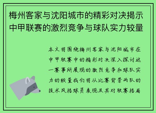 梅州客家与沈阳城市的精彩对决揭示中甲联赛的激烈竞争与球队实力较量
